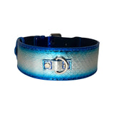 Wide dog collar with textured snake pattern in shimmering blue and silver tones, featuring a metal D-ring and adjustable buckle closure.