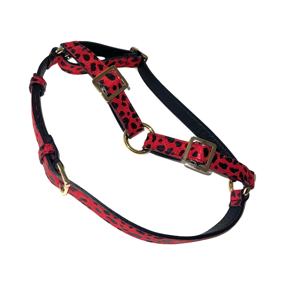 Red & Black Leopard Print Italian Leather Harness displayed against neutral background