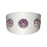 Matte white 3-inch wide collar and leash set with custom Swarovski rivets by Allysa Payne Beverly Hills
