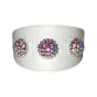 Matte white 3-inch wide collar and leash set with custom Swarovski rivets by Allysa Payne Beverly Hills