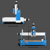 Blue and silver CNC router machine with spindle and stepper motors, shown from front and side with measurements labeled 520mm width, 360mm height, and 655mm length.