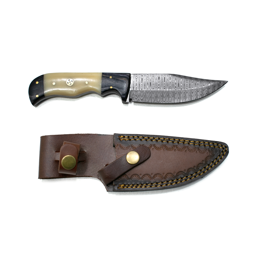 Damascus Steel Hunting Knife By Titan TD-170 with patterned blade and wood bone handle