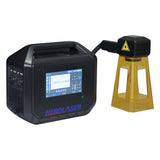 Black portable laser engraving machine with touchscreen on the main unit and handheld laser emitter mounted on a yellow transparent stand, labeled HERO LASER.