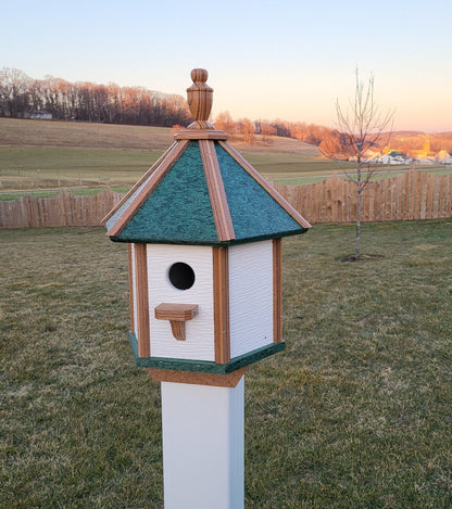 Handcrafted Amish poly birdhouse with one hole, shown mounted outdoors