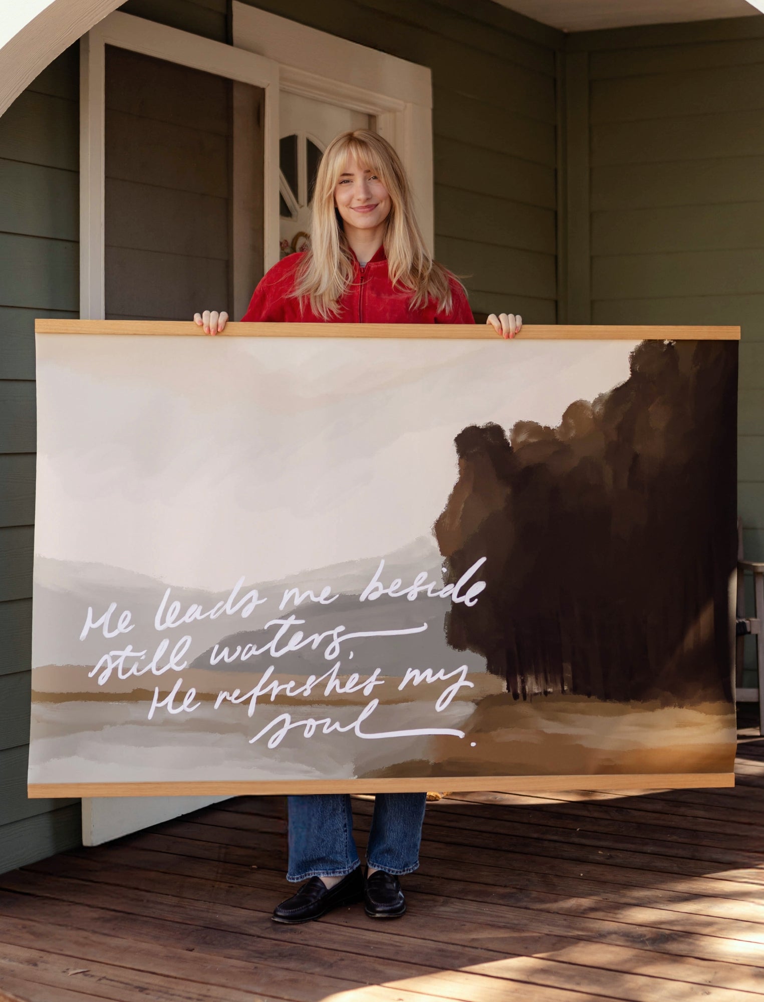 Large Canvas with Banner Wood: He leads me besides still waters by jenessawaitshop - main product image for Resin Society