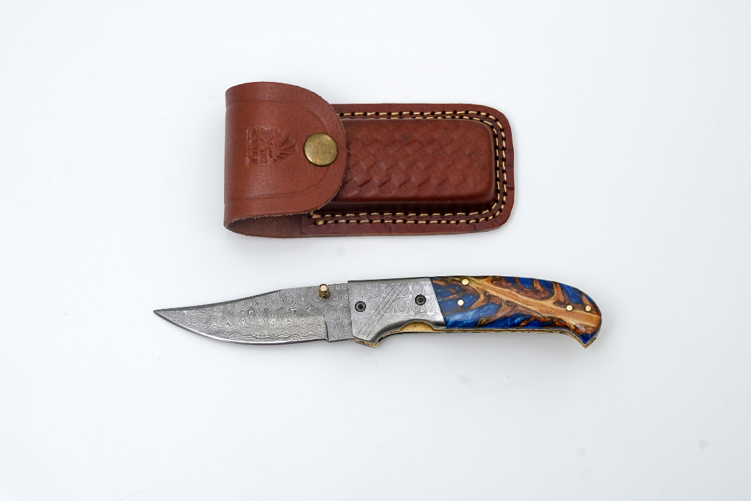 Hand-Forged Damascus Folding Pocket Knife with Blue Resin & Burl Wood Handle and intricate spine file work