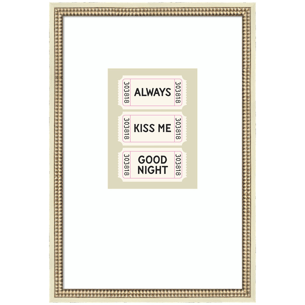 Sage green framed retro poster titled 'Always Kiss Me Goodnight' by Lucky Guava, hung above a mustard-yellow bed's headboard.
