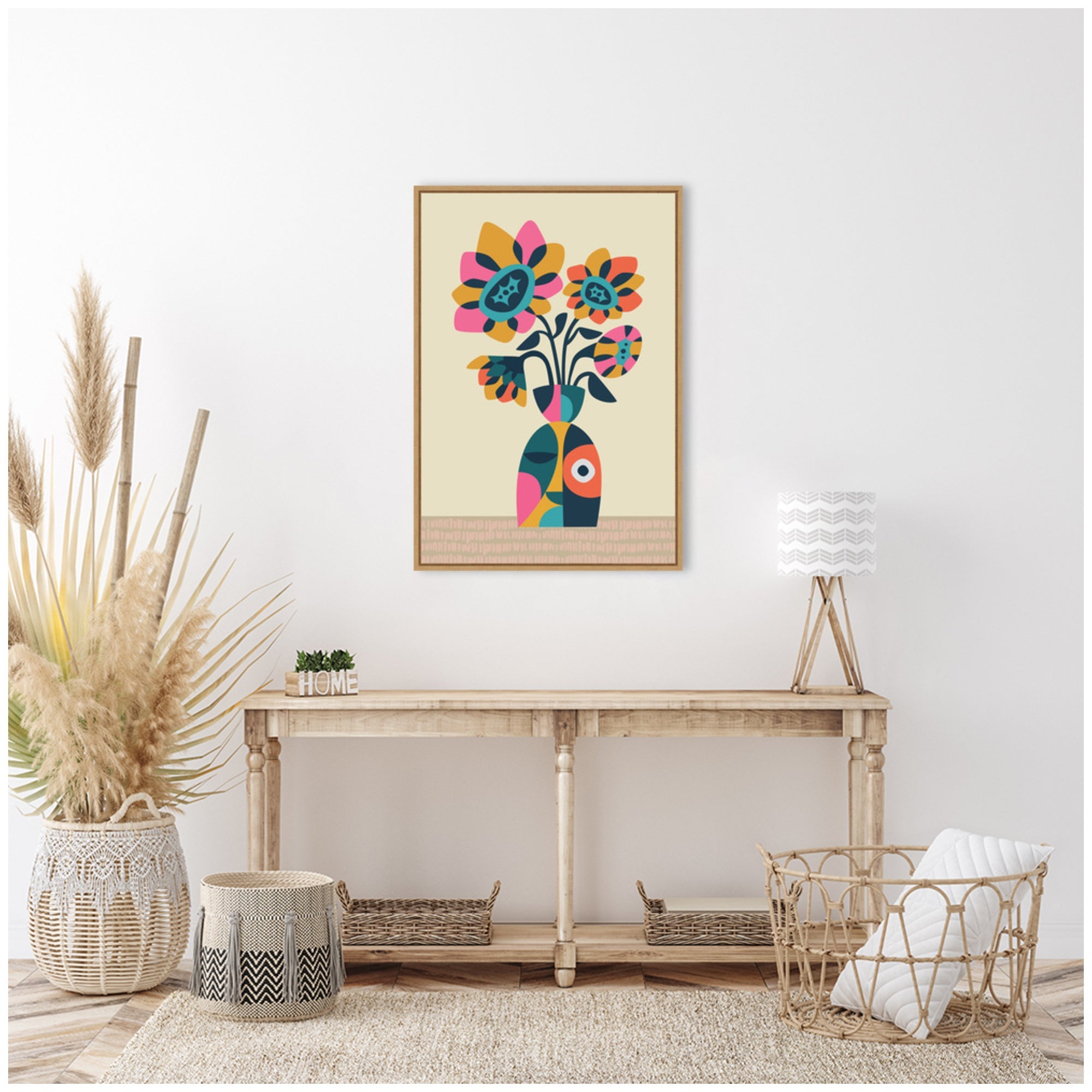 Sylvie Abstract Vintage Retro Sunflower Vase Framed Canvas by Rachel Lee