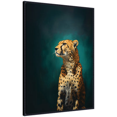 Framed canvas wall art depicting a teal leopard against a dark blue-green background, in a black beaded Sylvie frame.