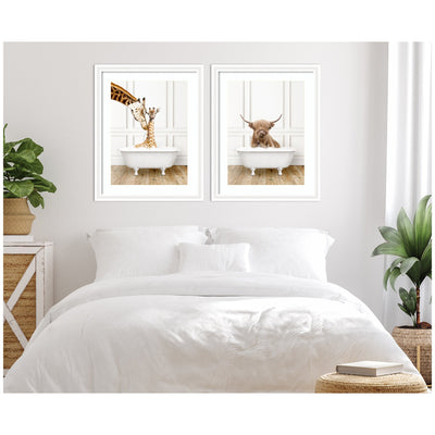 Highland Cow & Giraffe in Traditional Bathtub 2 Piece Framed Wall Art Print Set by Amy Peterson