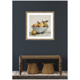 Wall-mounted framed still life painting showing pears and oranges in a rustic bowl against a muted gray background.