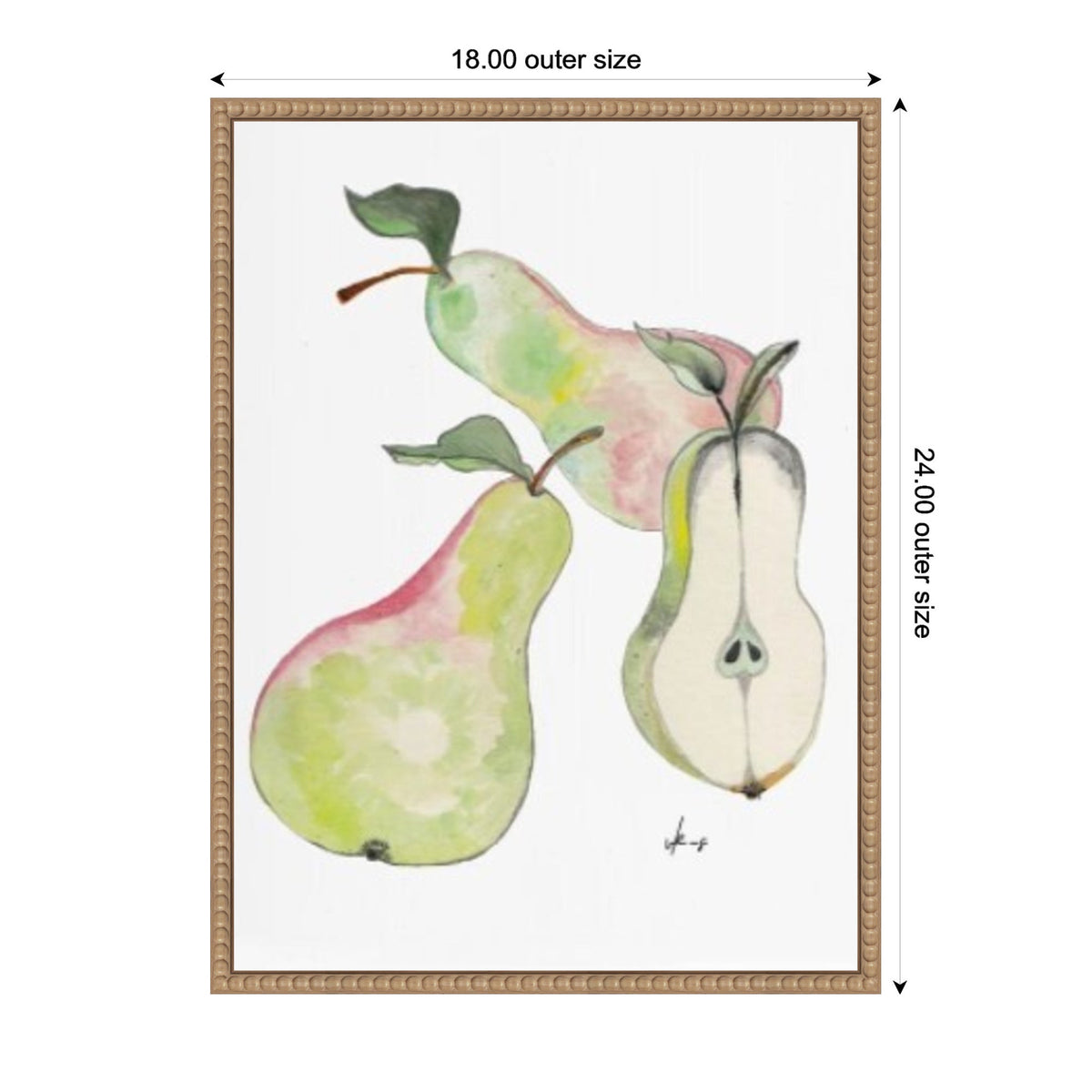 Watercolor painting of two green pears and a sliced pear with soft pink and yellow hues in a light brown carved frame with outer dimensions 18 by 24 inches.