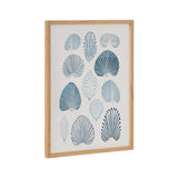 Framed print featuring eleven stylized blue coral shapes in varying shades and patterns set against a white background with a natural wood frame.