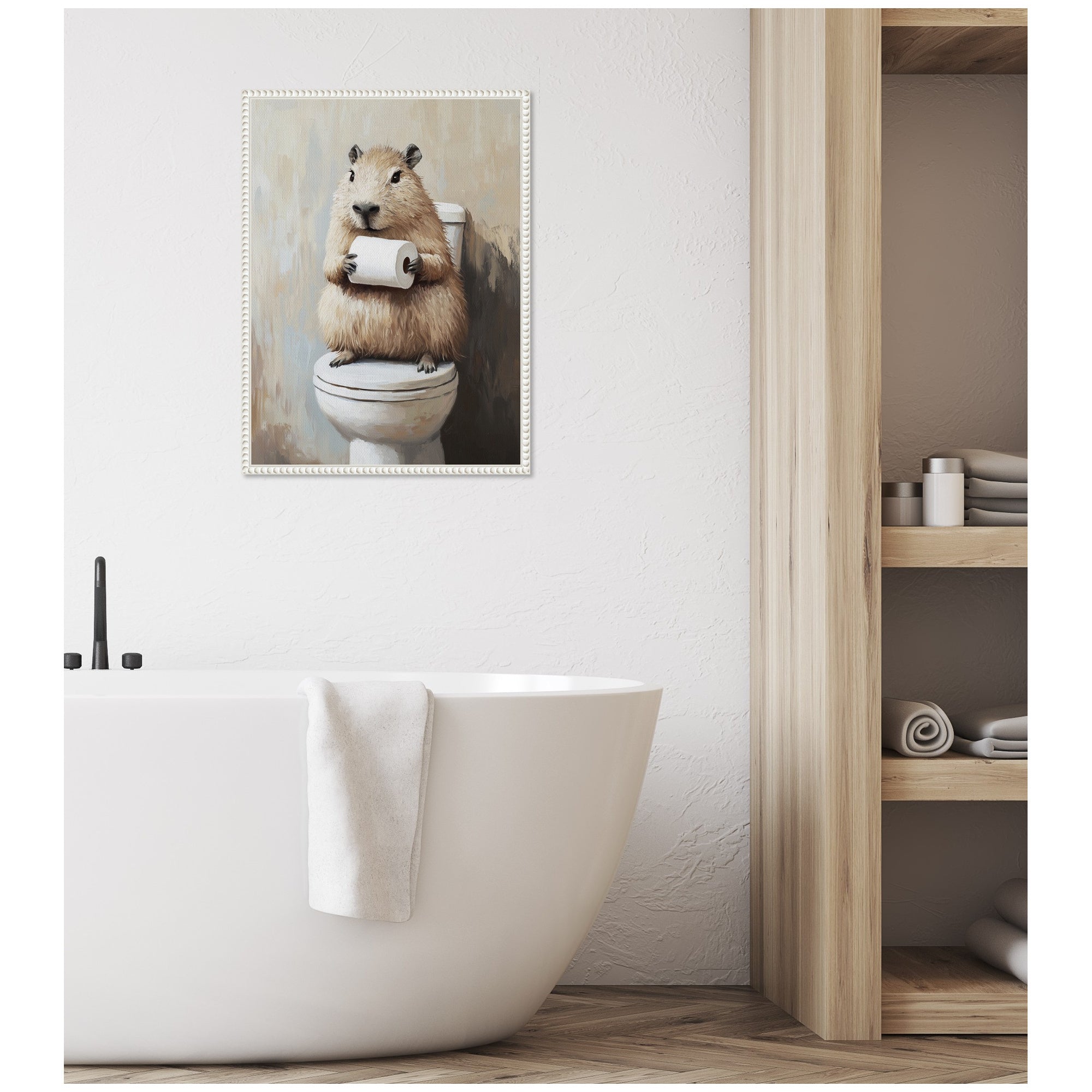 Sylvie Capybara Angled Holding Toilet Paper Roll Toilet Bathroom Art Framed Canvas