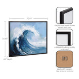 Abstract coastal wave painting in blues and white with frothy crest, framed in black natural oak wood with minimalist gallery profile, ready to hang.