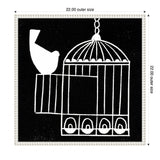 White linocut style illustration of an open birdcage with a bird sitting on the cage's open door, set against a black background within a white frame.