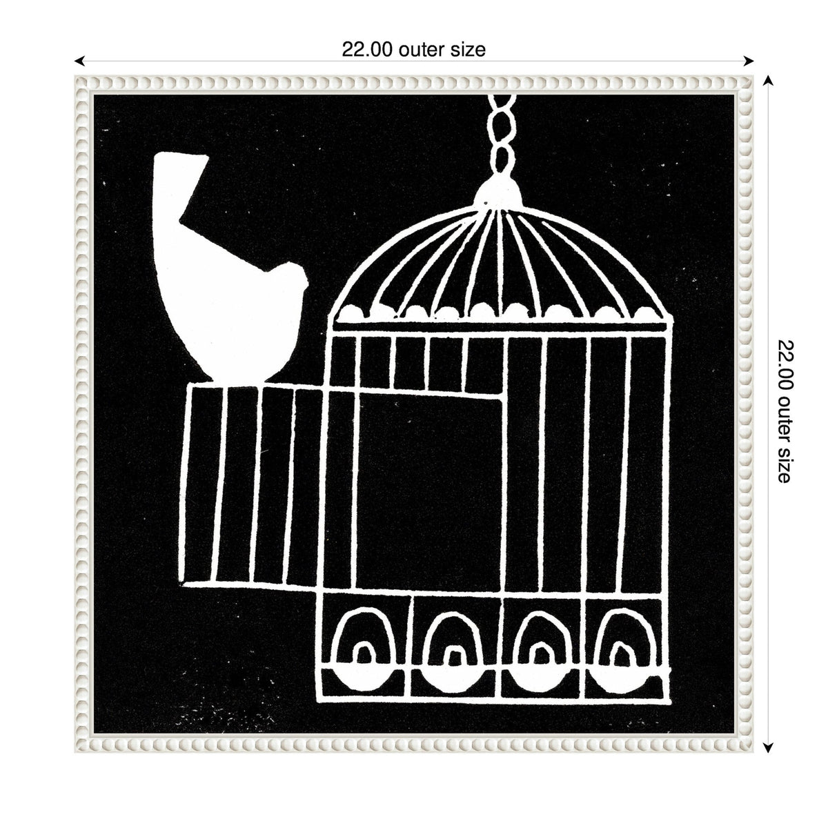 White linocut style illustration of an open birdcage with a bird sitting on the cage's open door, set against a black background within a white frame.