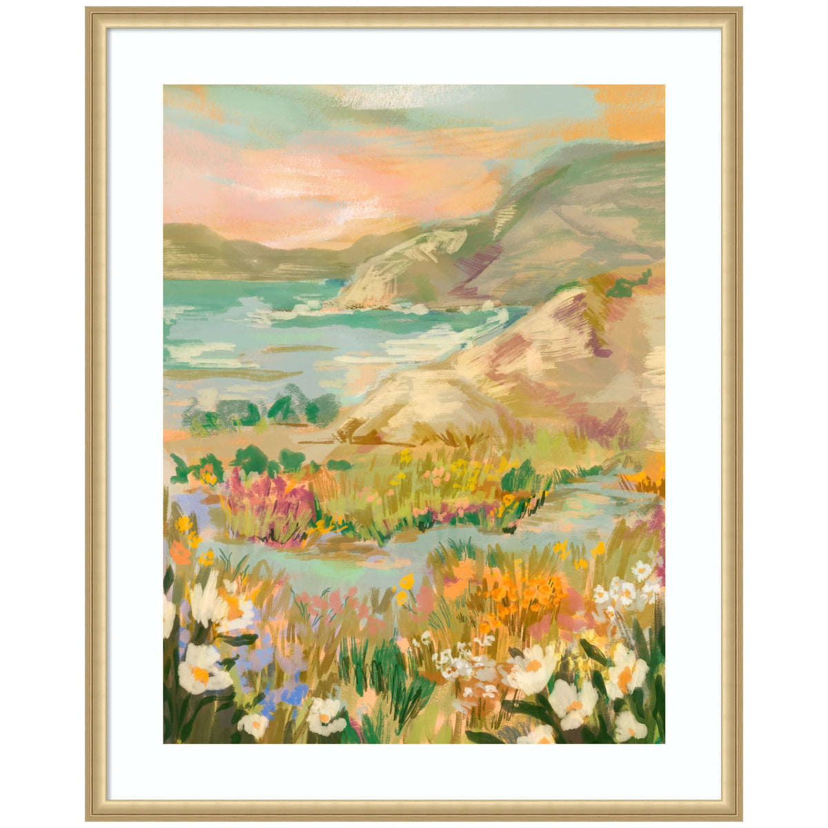 Softly painted coastal landscape with pastel hills, a serene sea, and colorful wildflowers in the foreground under a warm, orange-tinged sky.