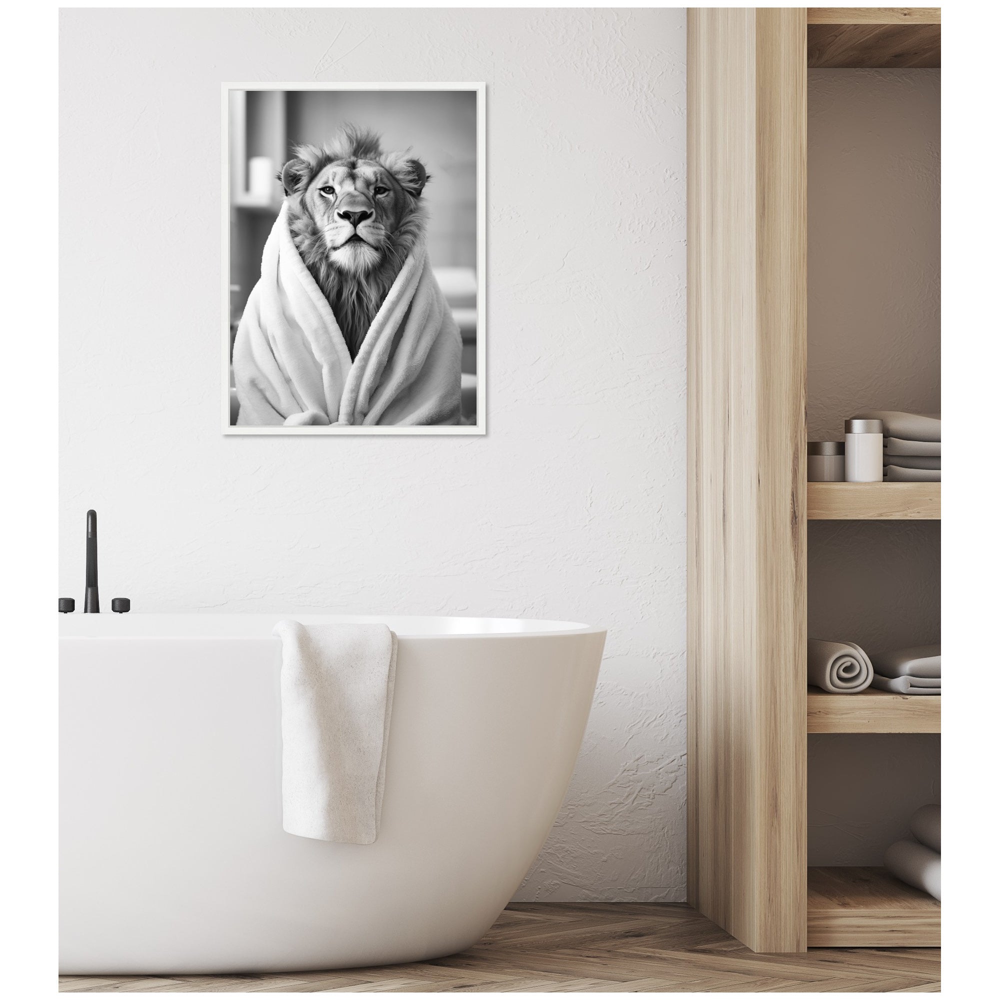 Sylvie Lion Bathroom Art Towel Robe Black and White Framed Canvas