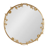 Round wall mirror with a gold metal frame adorned by delicate floral and butterfly motifs, creating an elegant and decorative border.