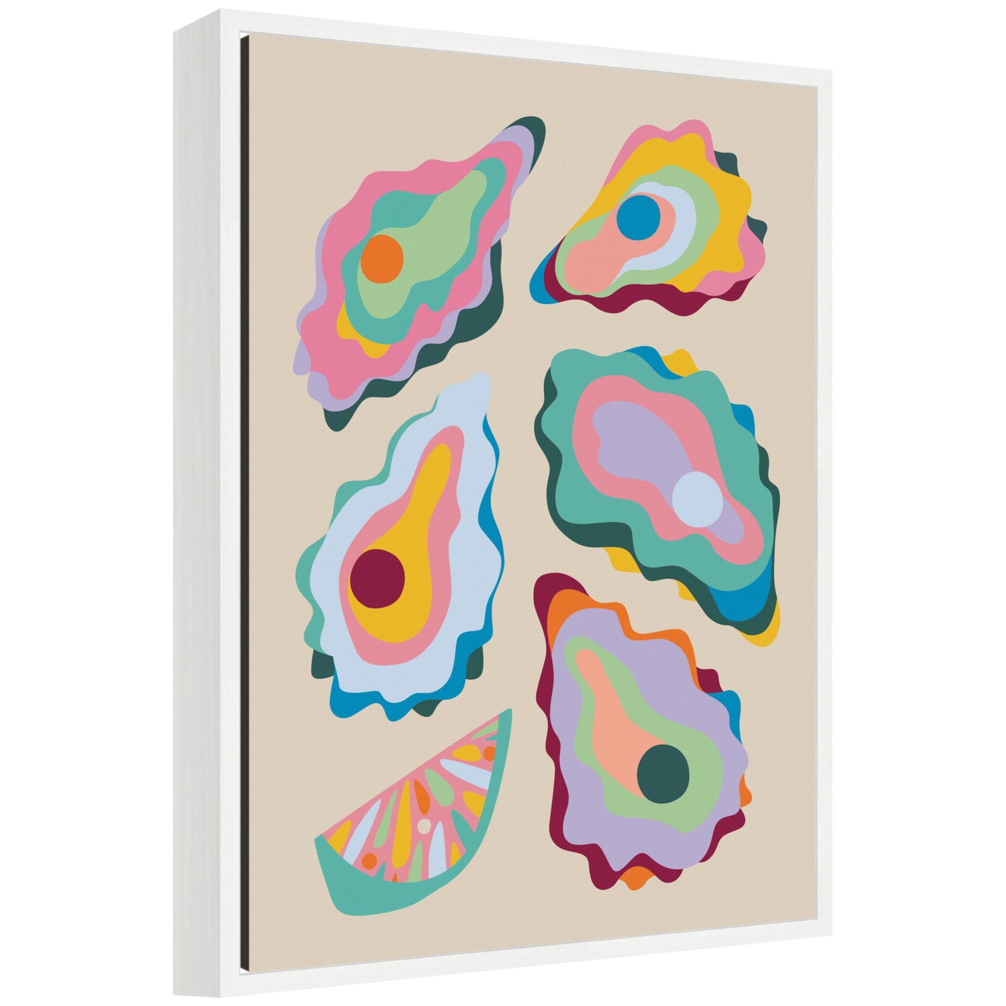 Framed canvas artwork titled 'Sylvie Coastal Oysters and Lemon' by Rachel Lee showing abstract depiction of oysters and lemon with yellow, blue, and white tones.