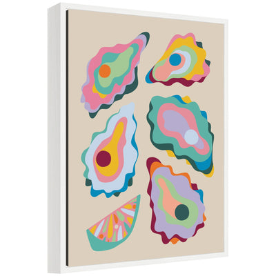 Framed canvas artwork titled 'Sylvie Coastal Oysters and Lemon' by Rachel Lee showing abstract depiction of oysters and lemon with yellow, blue, and white tones.