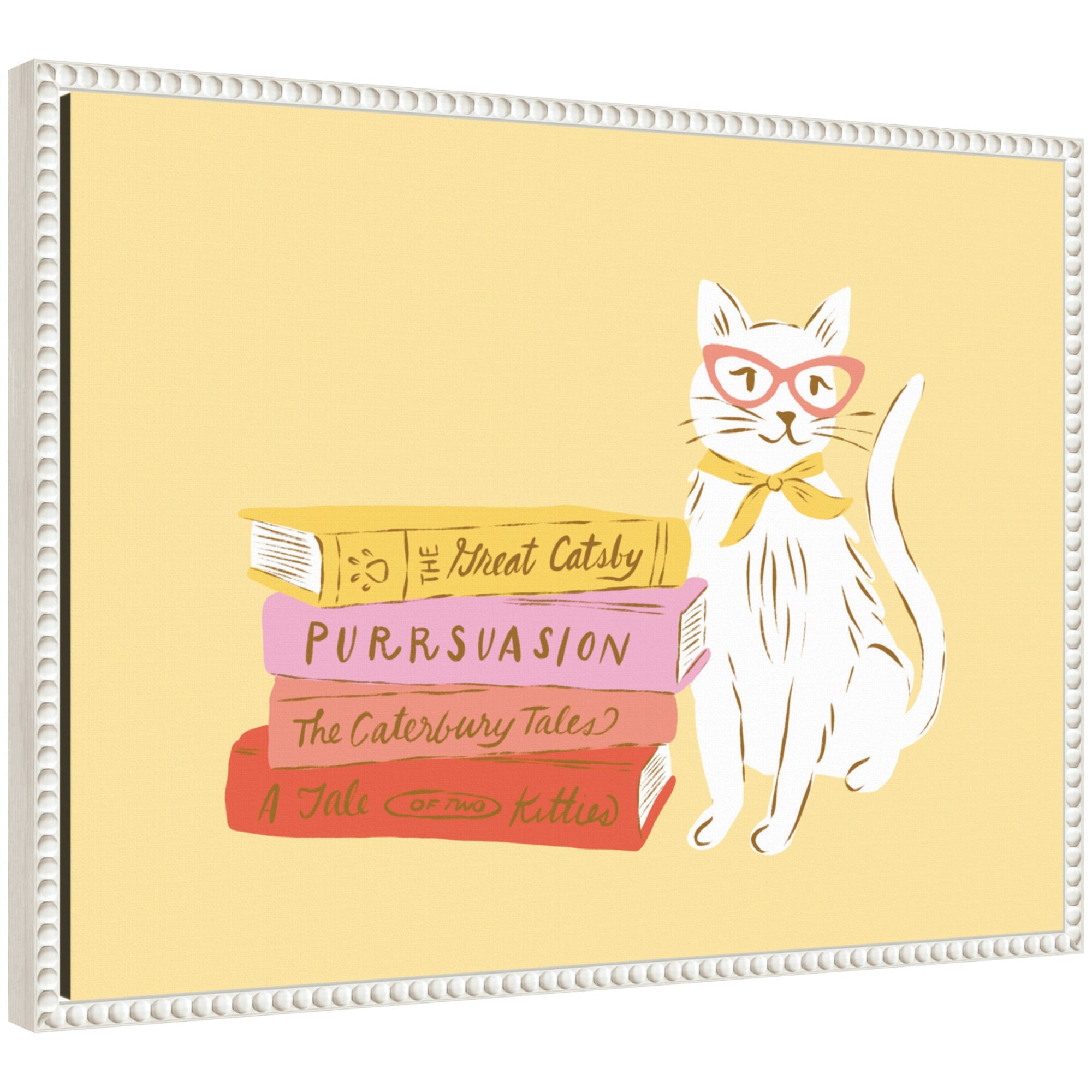 Framed canvas wall art print titled Book Lover Cat 4 showing a cat with stacked books in a white beaded frame