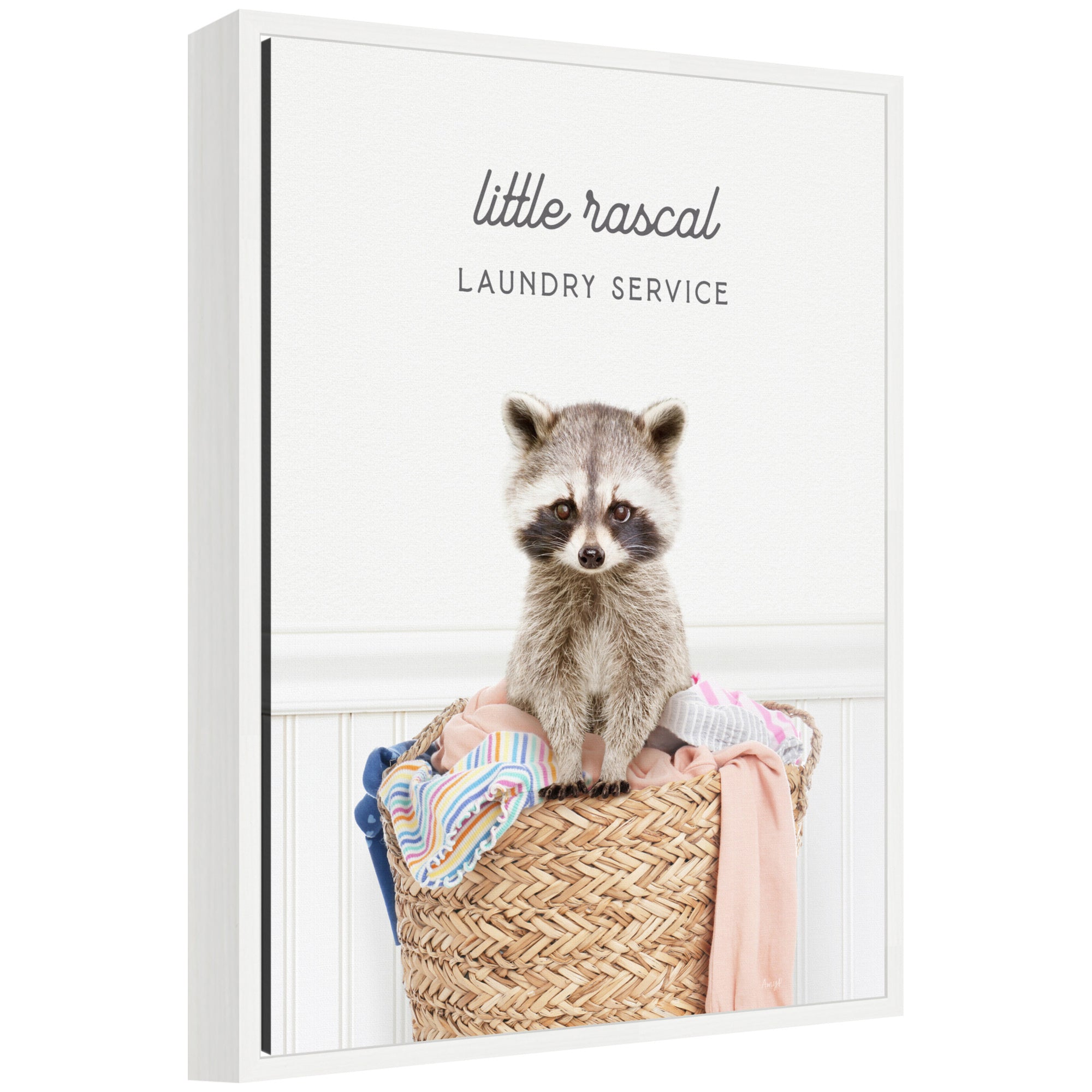 Framed canvas print showing raccoon with laundry, titled Sylvie Raccoon Little Rascal Laundry Service