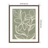 Framed art print with two large beige floral outlines showing distinct veins on a muted olive green background, surrounded by white matting and a dark wood frame.