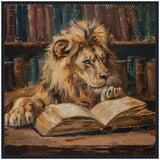 A lion with a detailed mane rests its paw on an open book, surrounded by tall shelves filled with multicolored books in a warm, dimly lit library.