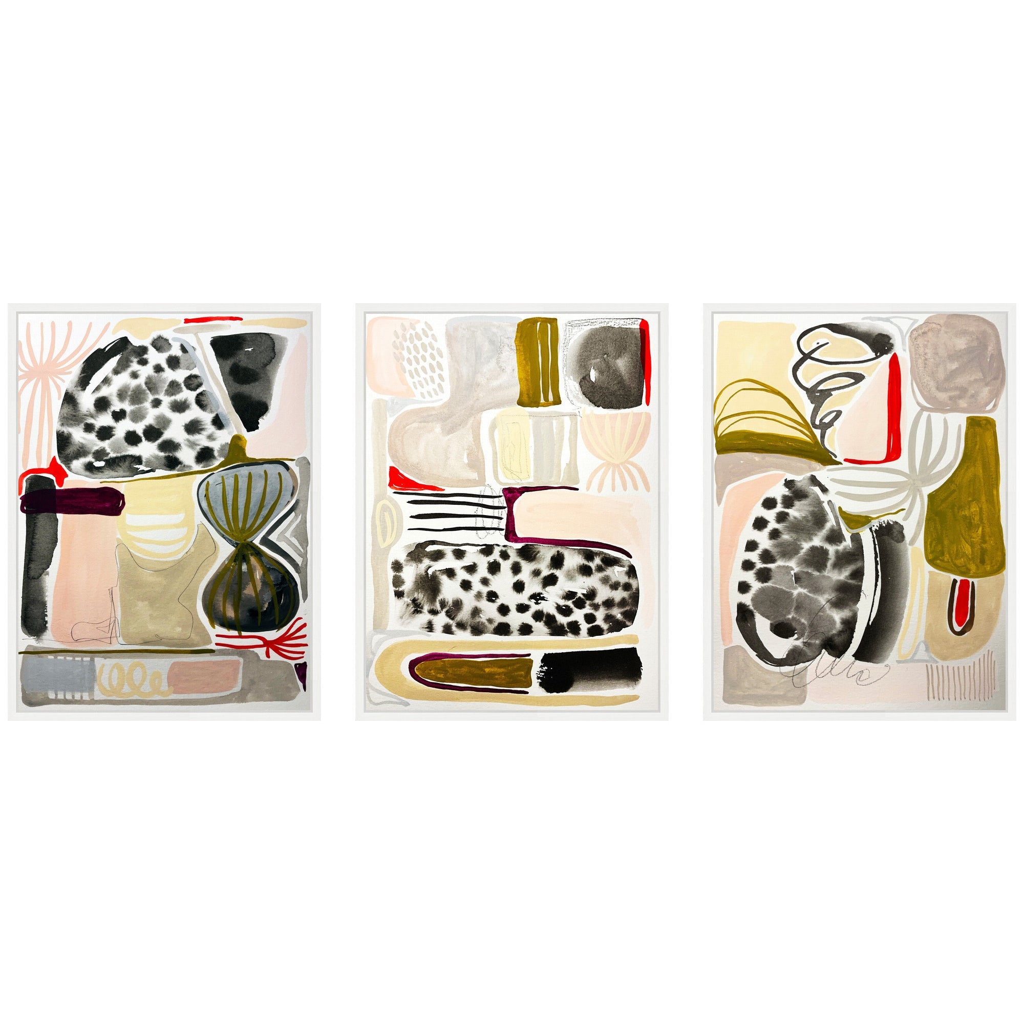 Three framed abstract canvas prints titled Sylvie Abstract 1, 2 and 3 by Emma Daisy