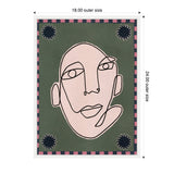 Minimalist continuous line drawing of a human face in soft pink on a dark green background with stylized black sun shapes in three corners and a pink and black striped border.