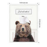 Framed canvas print of a brown bear with a roll of toilet paper on its head and the phrase 'Just roll with it.' above on a white background.