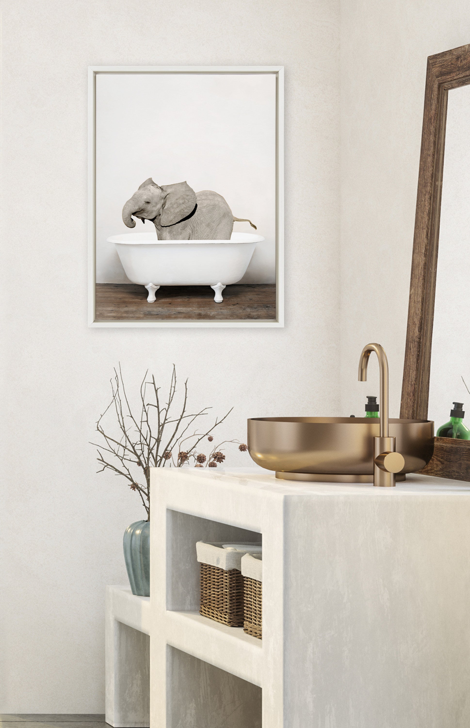 Sylvie Baby Elephant in the Tub Color Framed Canvas