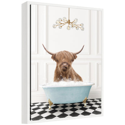Framed canvas art of a highland cow named Sylvie sitting in a blue bathtub on a black and white checker floor