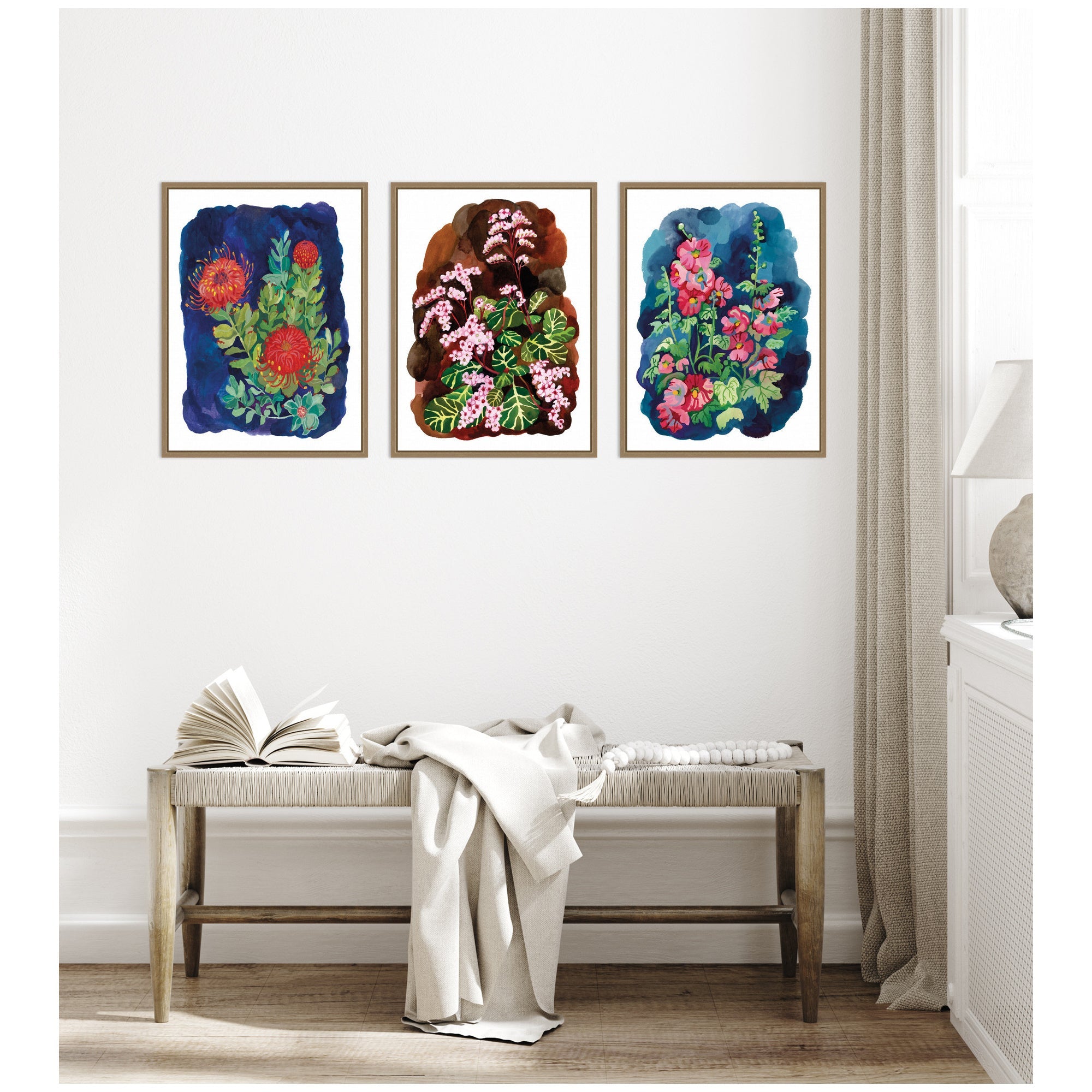 Proteas in Blue & Hollyhock 3 Piece Framed Canvas Wall Art Set by Lucia Gianello