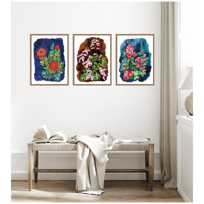 Proteas in Blue & Hollyhock 3 Piece Framed Canvas Wall Art Set by Lucia Gianello