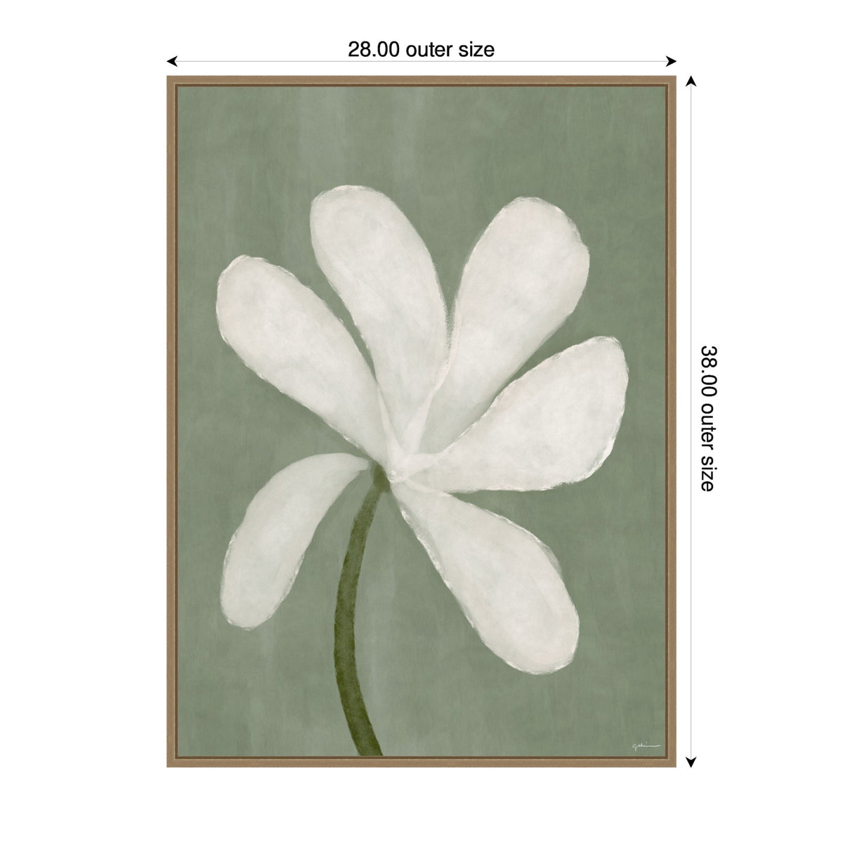 Painting of a large white flower with six broad petals and a curved green stem on a muted sage green background, in a simple brown frame.