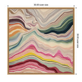 Abstract square artwork with layered flowing bands in shades of pink, cream, green, and mustard, framed in light wood measuring 30 inches square.