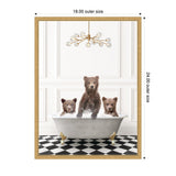 Three brown bear cubs in a vintage gray clawfoot bathtub filled with bubbles on a black and white checkered floor, under a modern gold chandelier.