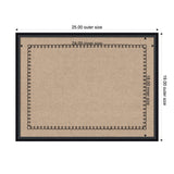 Rectangular beige pinboard with black scalloped border, framed in black, dimensions marked as 25x19 inches outer and 24x18 inches inner size.