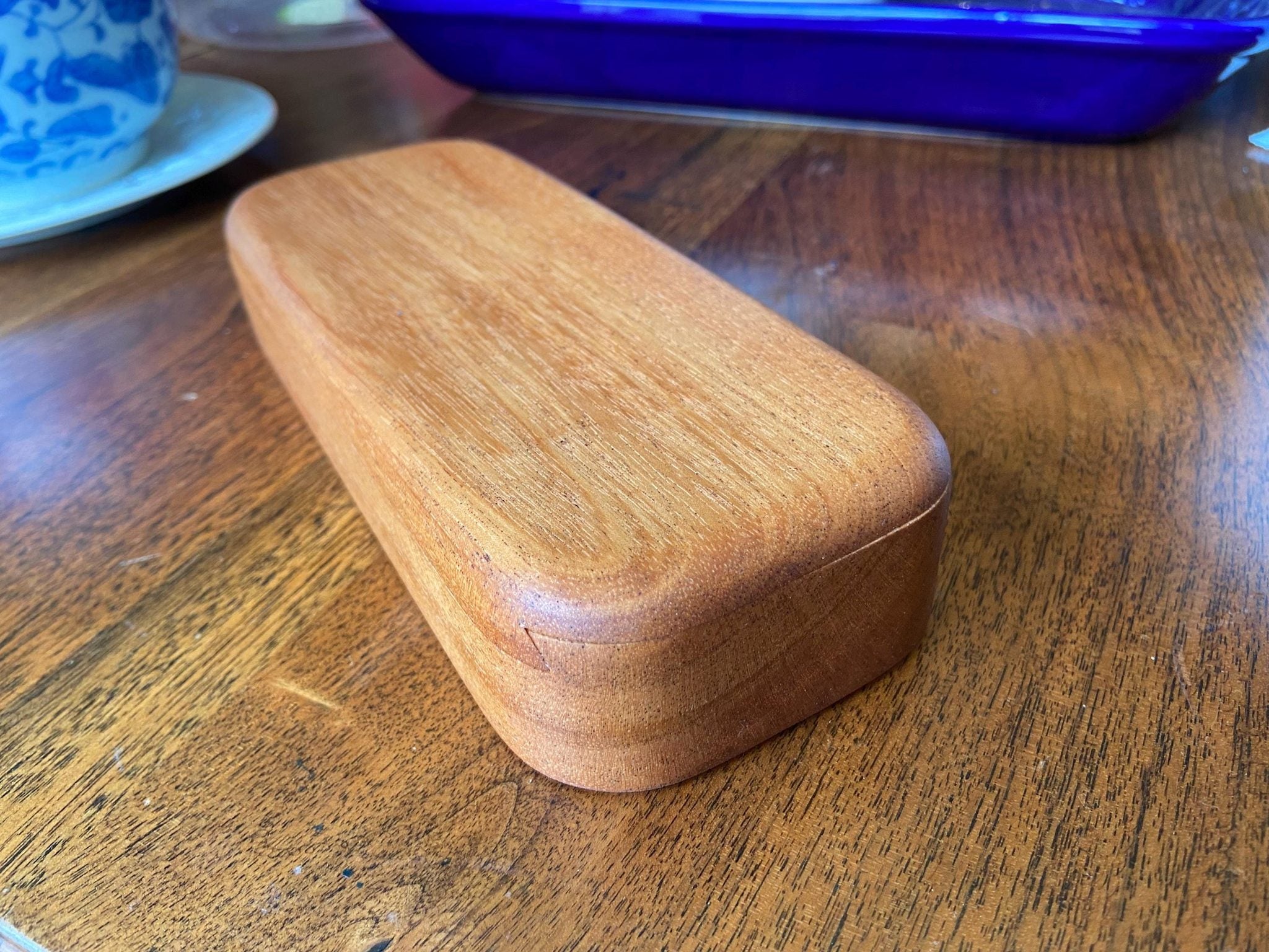 Handcrafted hardwood keepsake box with wood inlay, 8.25 by 3.25 inches