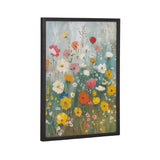 Framed print of a colorful wildflower garden with various blooms in yellow, red, white, and pink against a soft blue-green background.