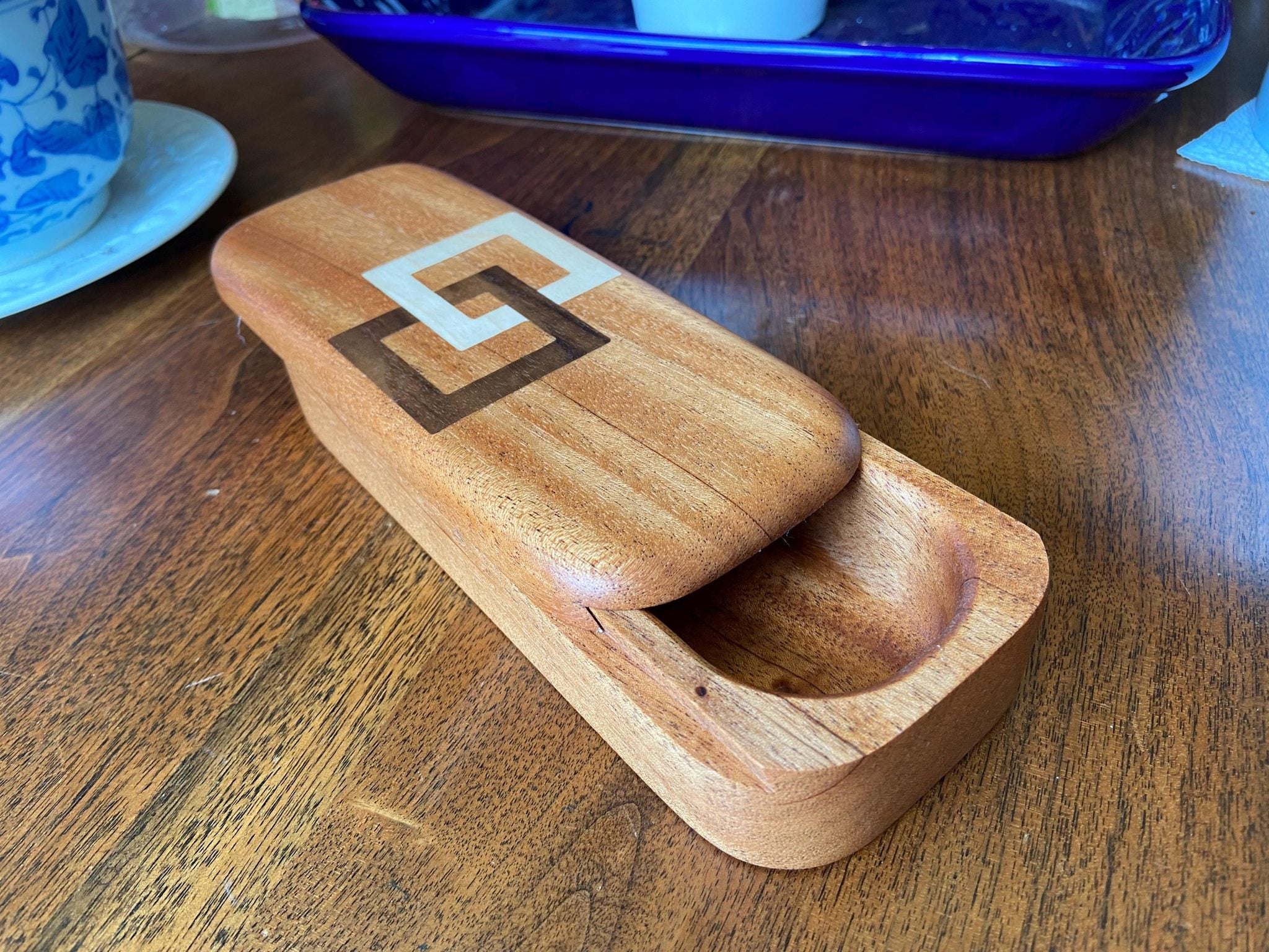 Handcrafted hardwood keepsake box with wood inlay, 8.25 by 3.25 inches