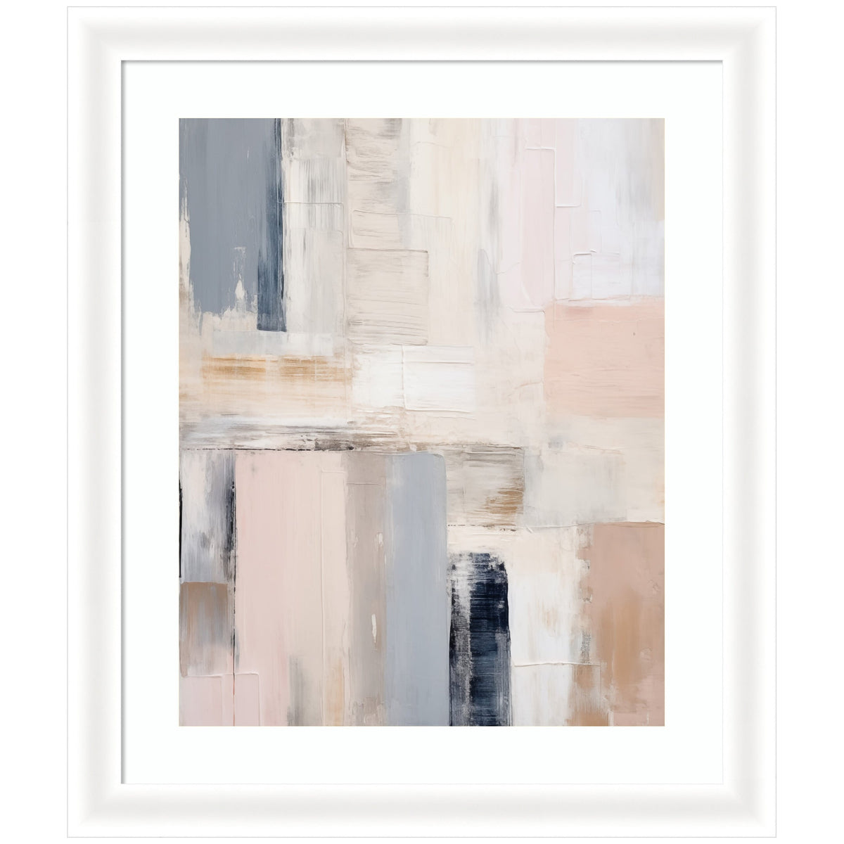Abstract painting with rectangular blocks in muted tones of beige, grey, blush pink, and off-white, featuring textured brushstrokes and soft blending within a white frame.