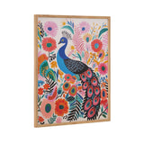 Framed colorful boho-style peacock artwork surrounded by large pink, red, and orange flowers with green and blue leaves on a white background.