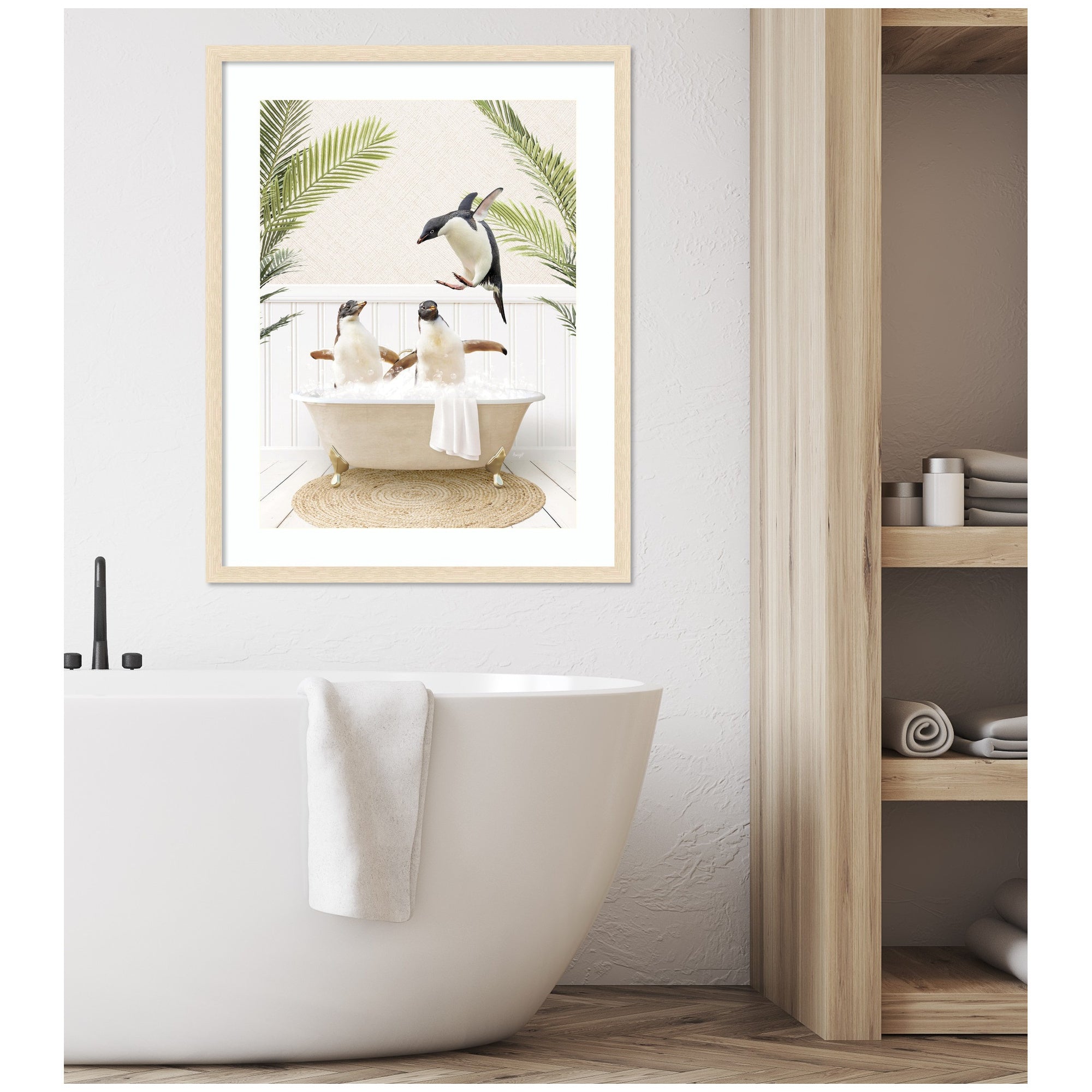 Penguins in Palms Bath by Amy Peterson Framed Wall Art Print