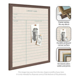 Framed linen pinboard styled like a vintage library card with grid lines and sample photos pinned on a beige canvas surface, shown with three frame and color detail options.