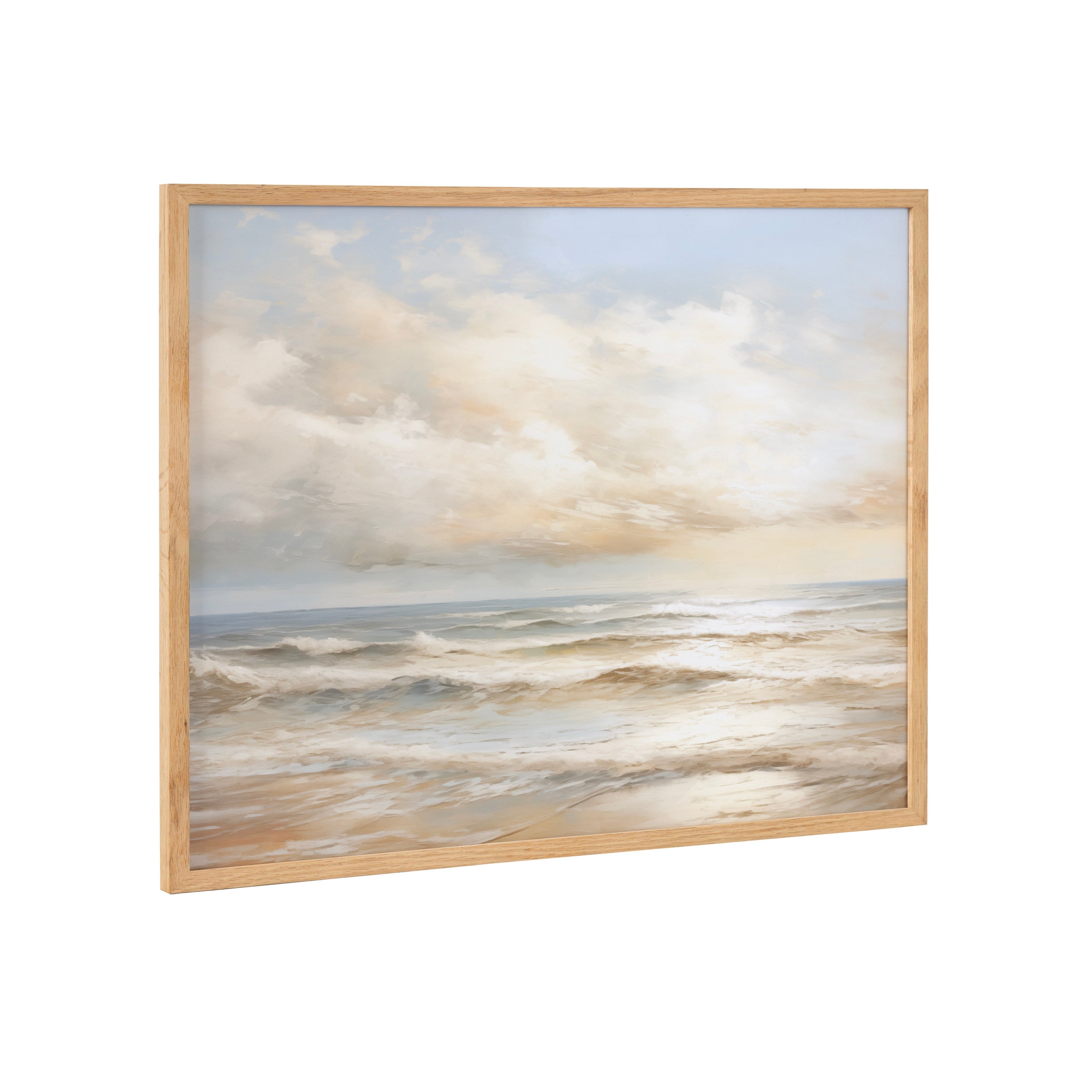 Framed wall art showing a beach waves sunset cloud landscape in soft tones