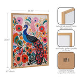 Brightly colored peacock illustration surrounded by vibrant pink, orange, and teal flowers in a natural oak wood frame with minimalist gallery profile.